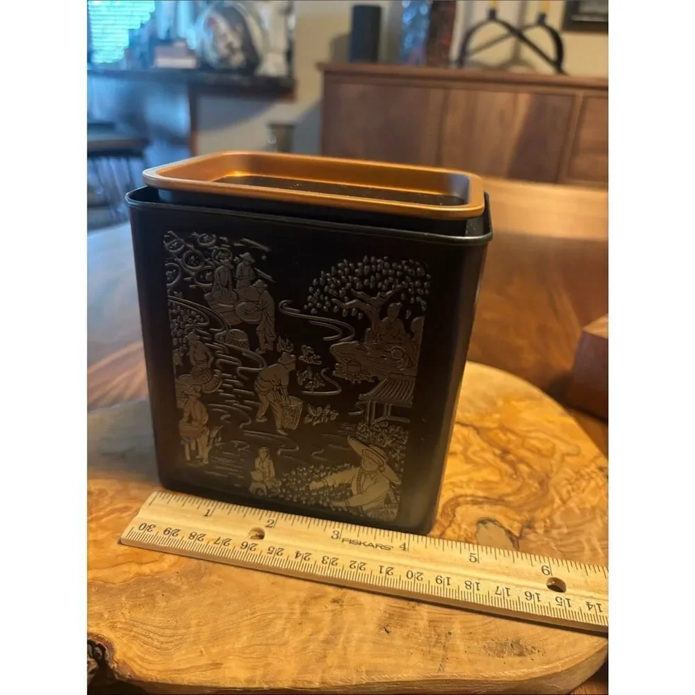 Black Decorative Asian-Inspired Tea Tin with Embossed Scene